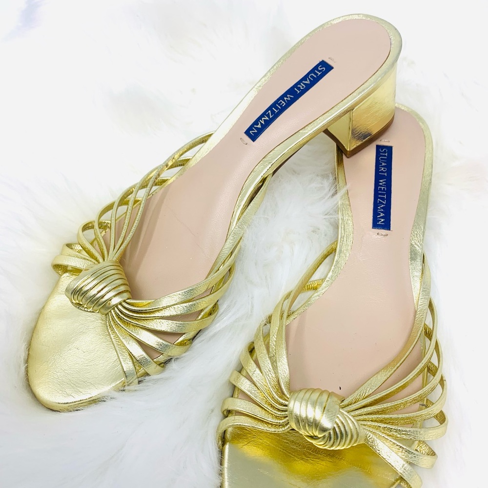 Stuart Weitzman Sidney crinkled metallic Gold block heel knotted sandals